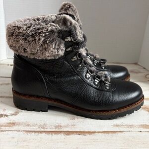 AVELLINI women’s black leather lace up ankle boots faux fur winter sz 38 EUC
